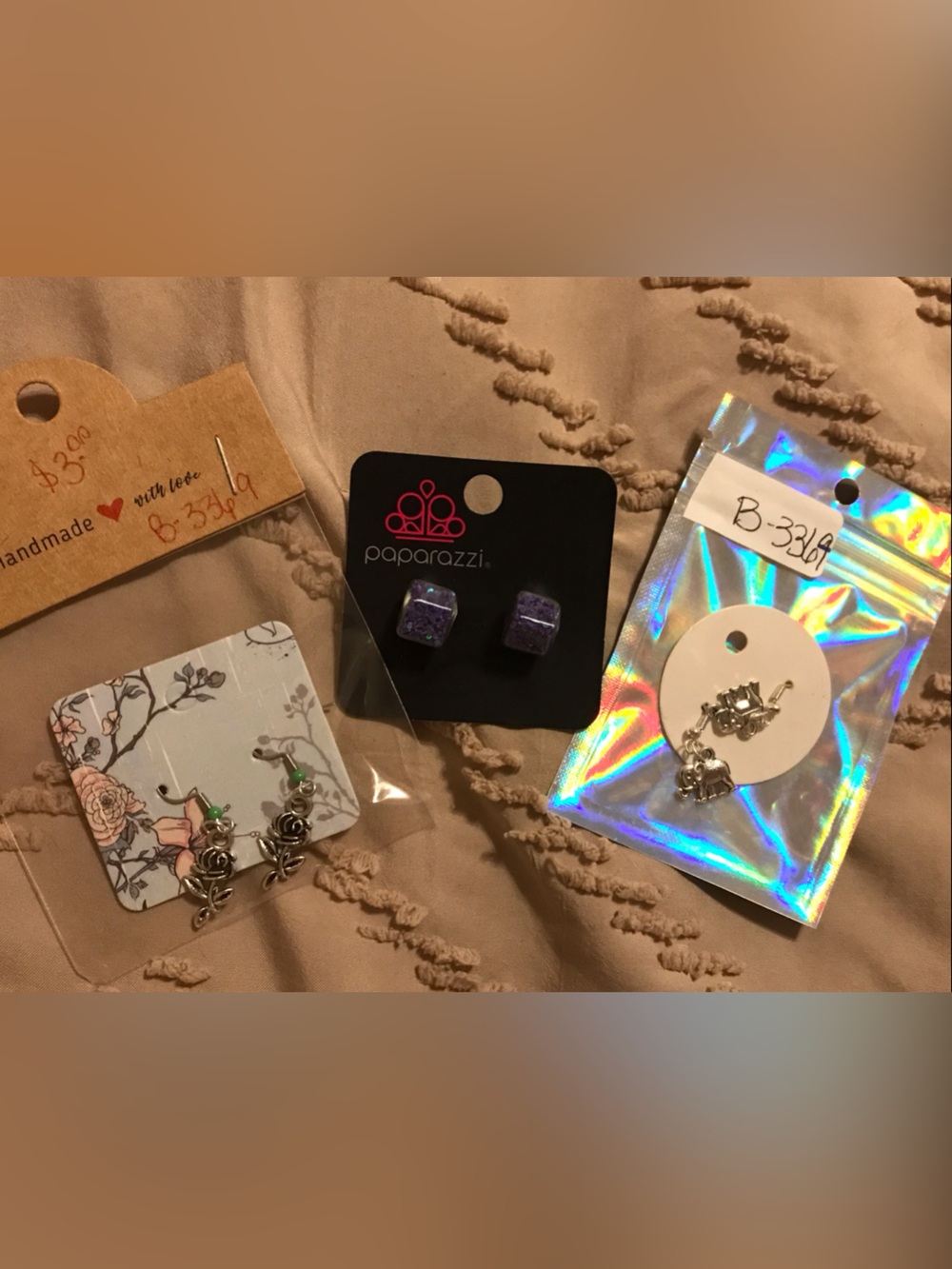 Purple Glitter Square Stud, Rose & Elephant Dangle Earrings-3 for 1 price Price